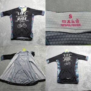 Cycling Jersey Womens Small Black Floral Graphic Print Short Sleeve Full Zip NEW